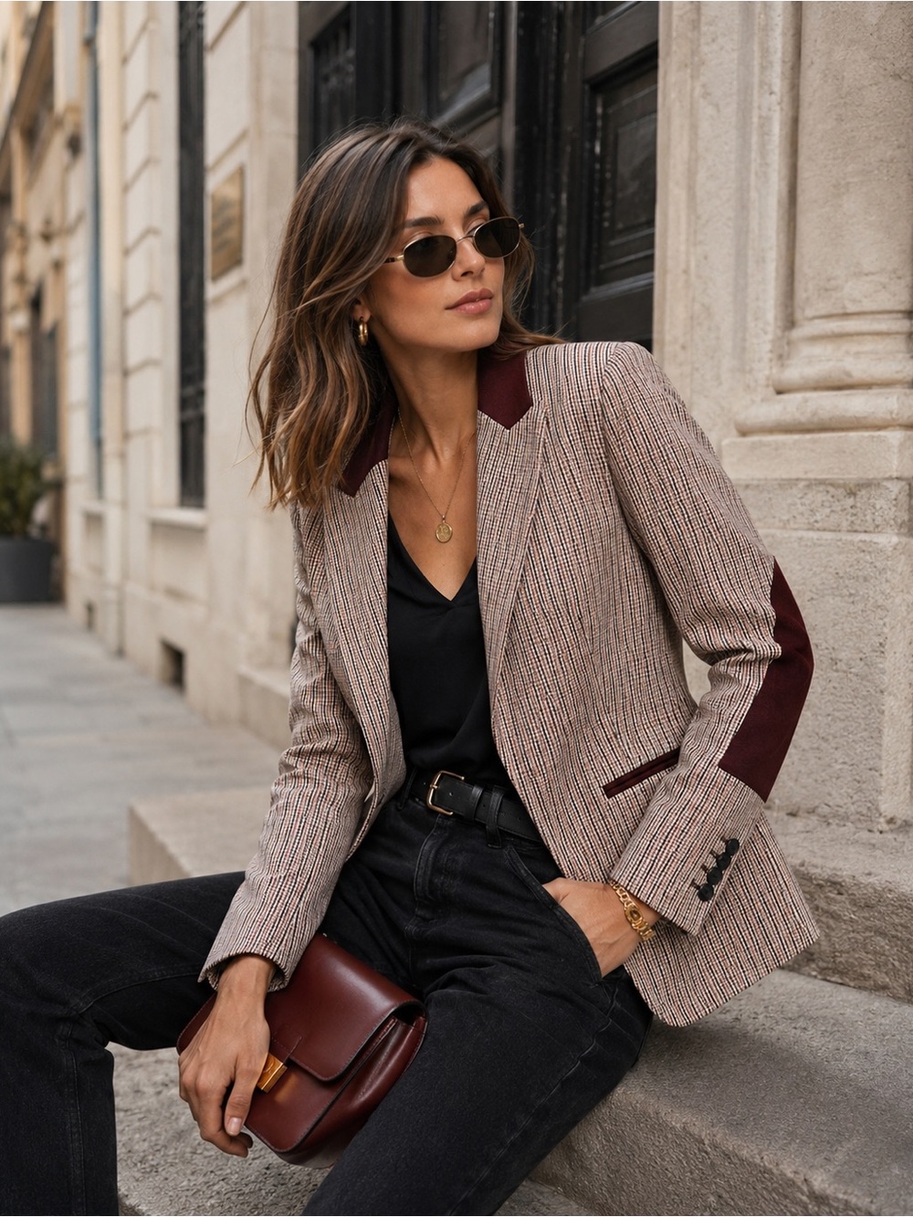 Zara Tailored Striped Houndstooth Blazer Elbow Patches